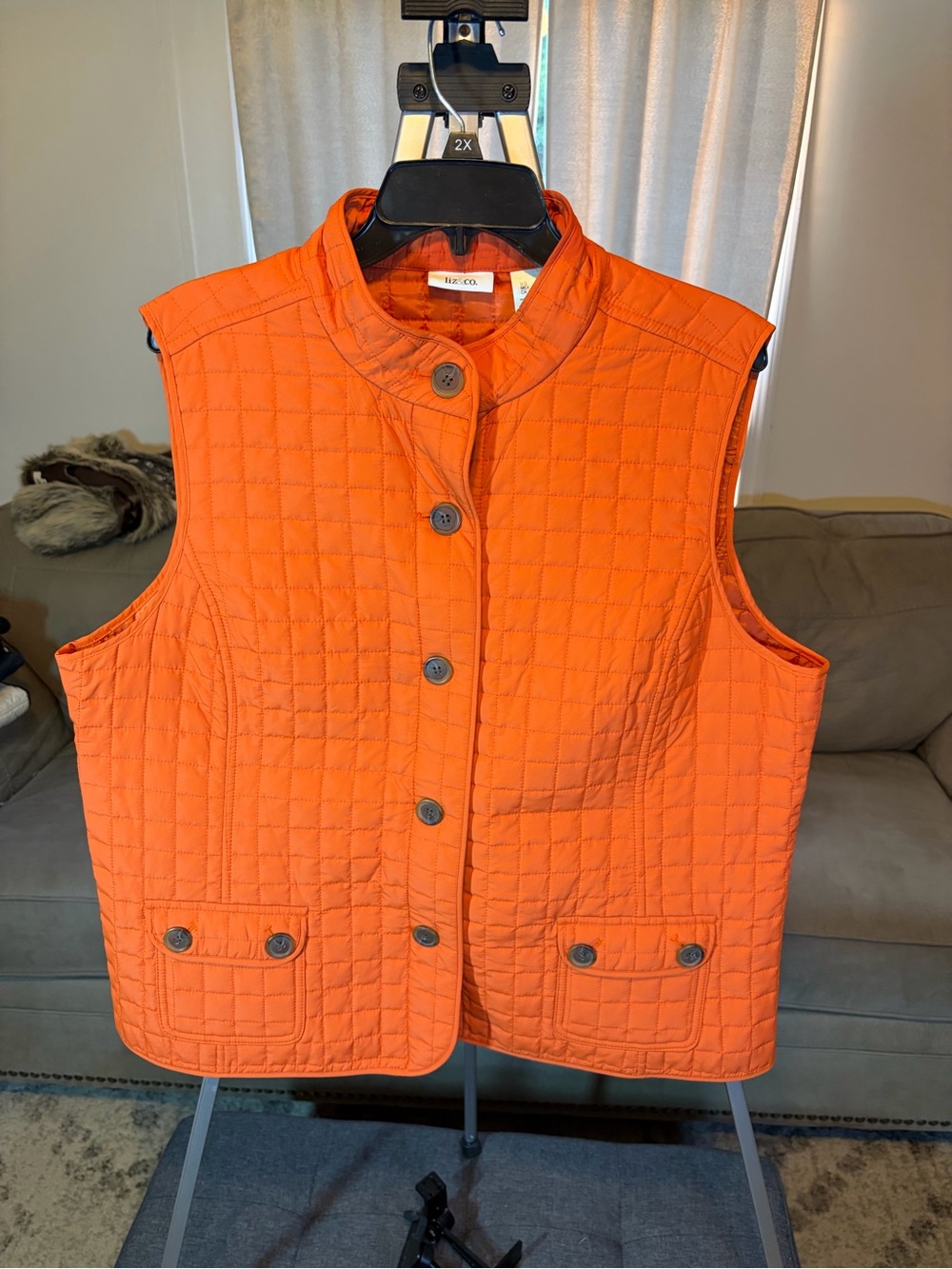 Rafaella Quilted Bright Orange Stand-Collar Button Vest